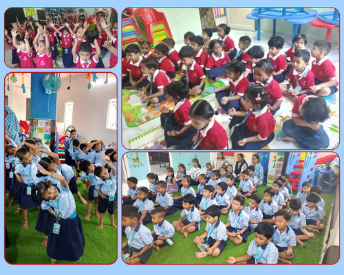 Preschoolers doing yoga, movement and physical activity in the large play area at BrightCorner Global School, Hyderabad